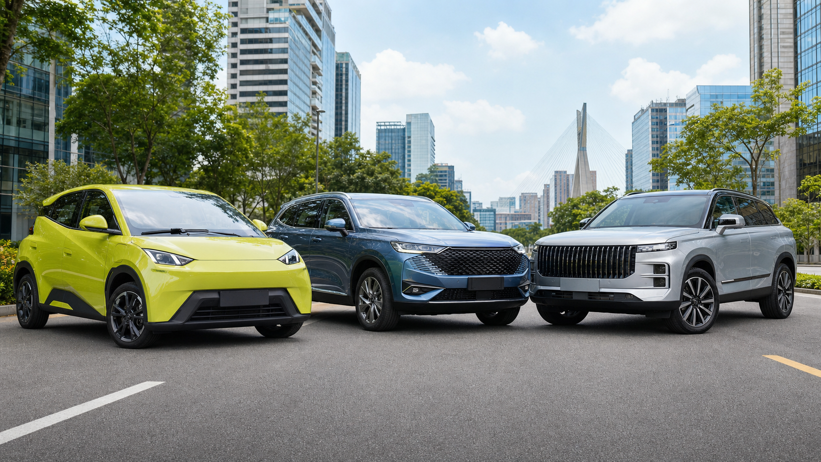 Tres carros eletrificados no Brasil: compacto eletrico e SUVs hibridos em avenida moderna