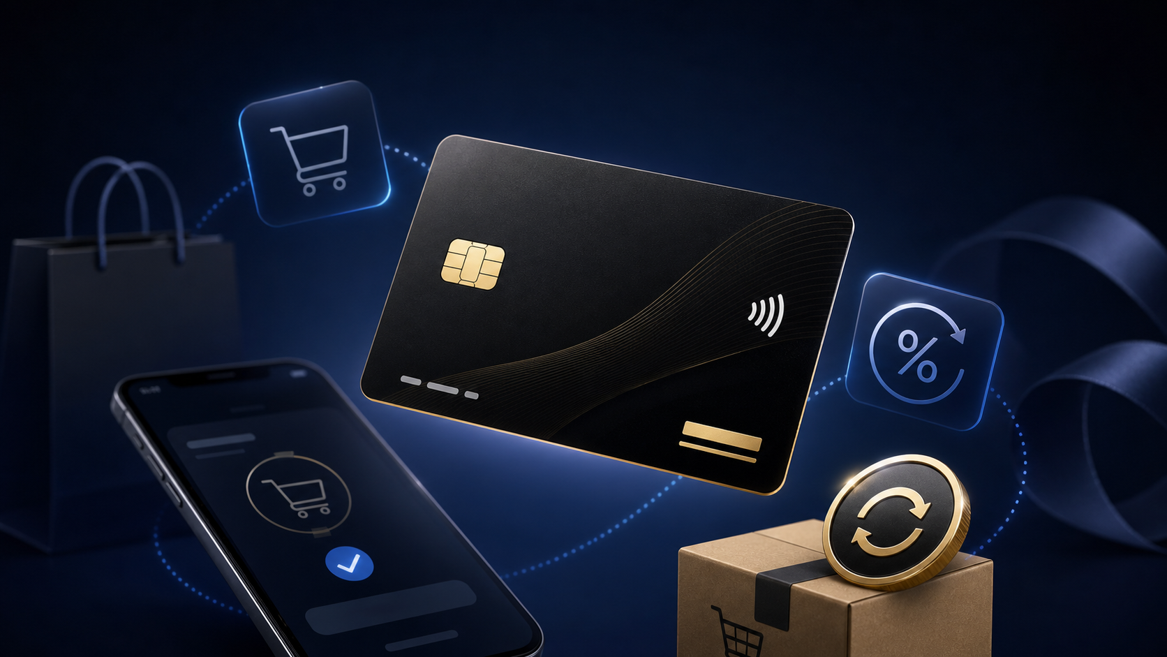 Generic premium credit card with cashback and online shopping visuals