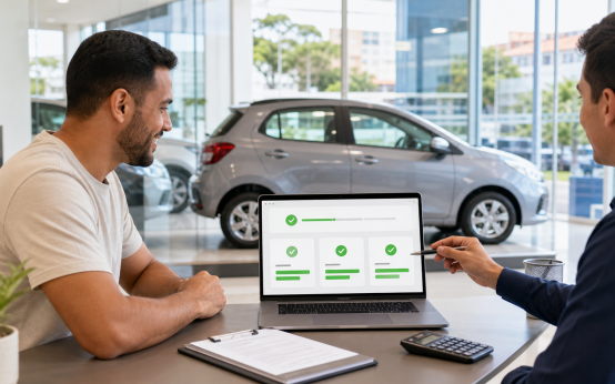 Pessoa comparando financiamento de carro sem entrada para negativado em concessionária no Brasil
