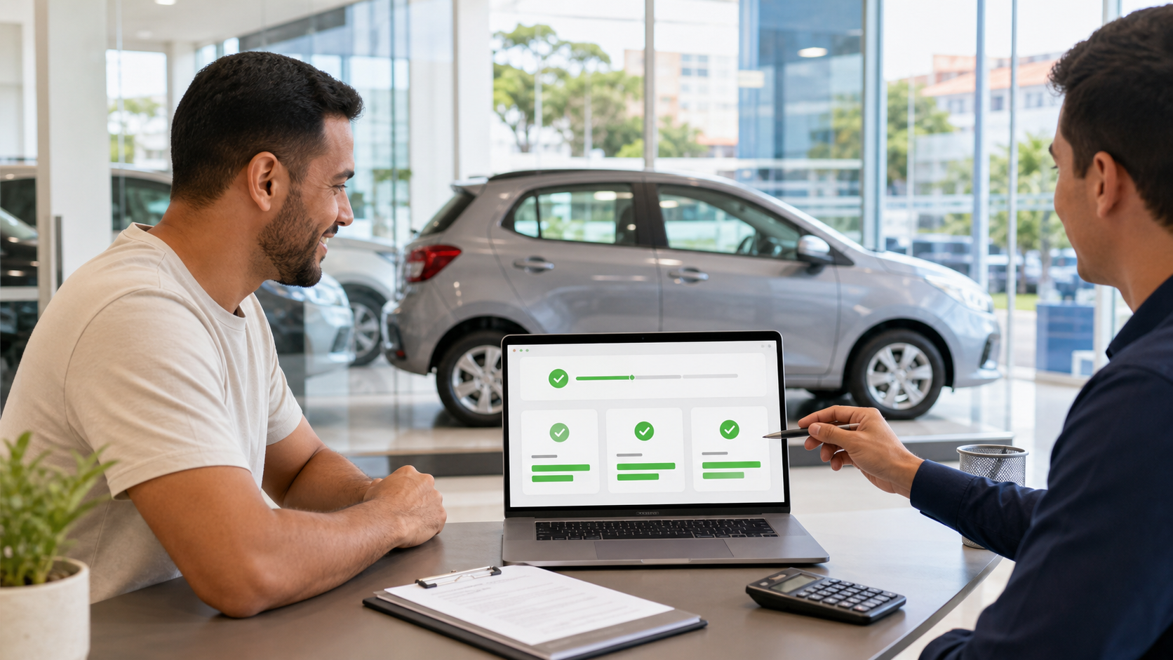Pessoa comparando financiamento de carro sem entrada para negativado em concessionária no Brasil