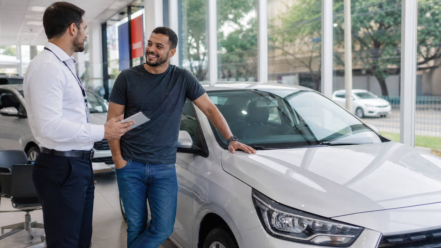 Motorista de aplicativo conversando sobre financiamento de carro novo em concessionária